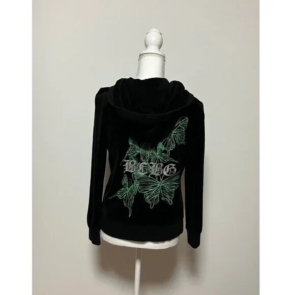 BCBG Maxazria Black Velour Hoodie With Green Butterflies, Size Large, Full Zip - Picture 6 of 13